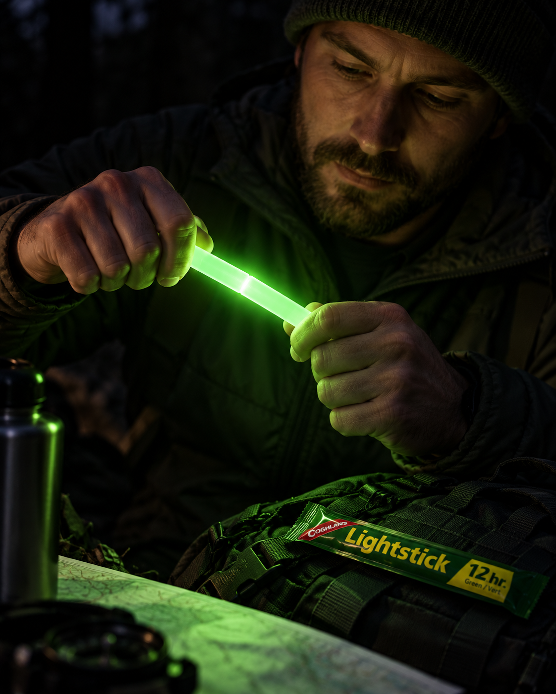 Person activating a green lightstick outdoors at night beside emergency gear