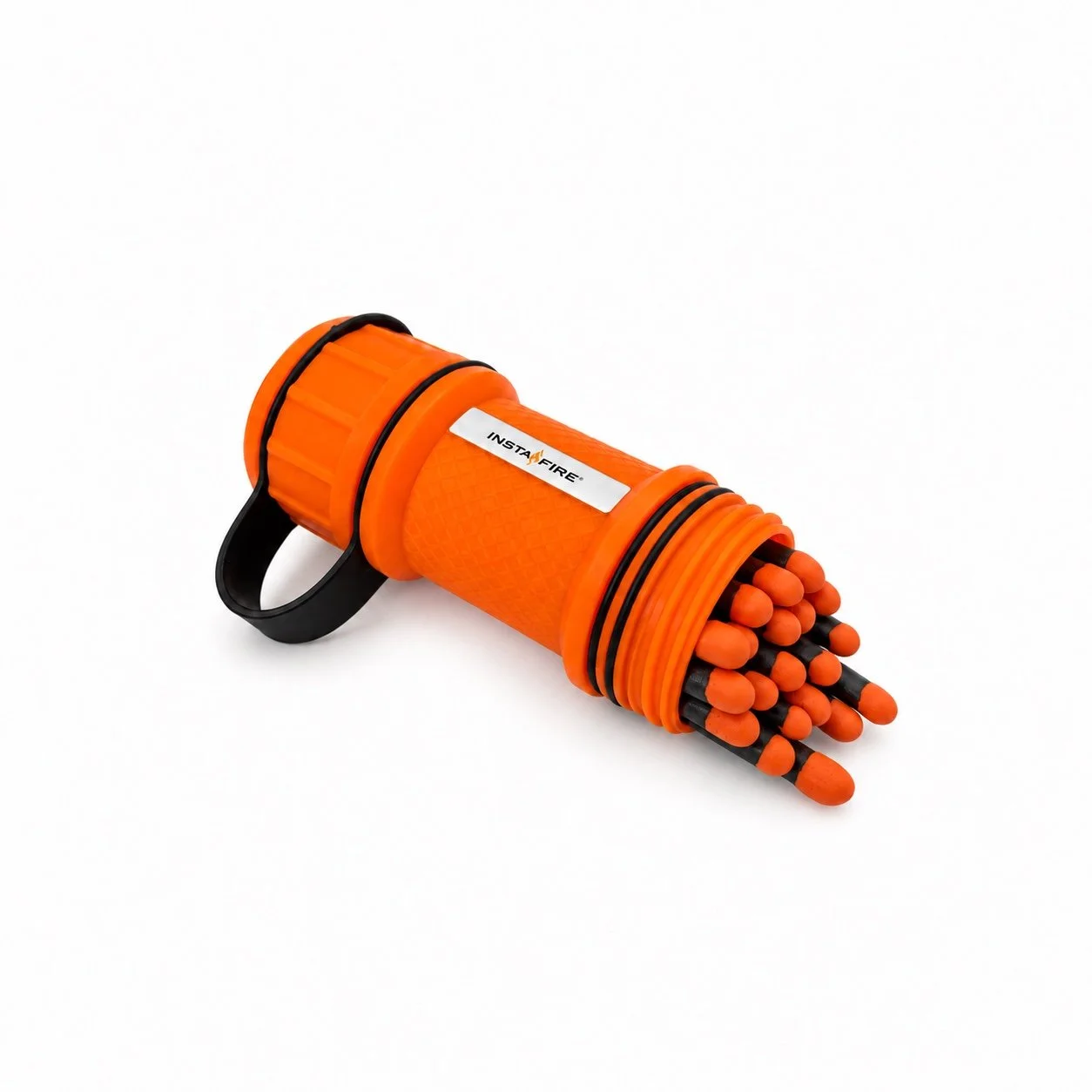 Open orange InstaFire stormproof case displaying hurricane-proof safety matches on a padded white background.