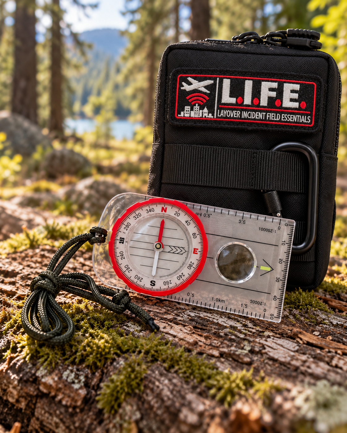 LIFE Bag survival pouch with a compass and utility cordage in a forest setting.