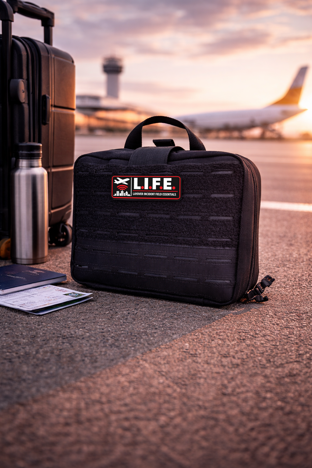 A black travel bag with a 'L.I.F.E' patch on it, placed on an airport tarmac near a suitcase, with an airplane, control tower, and sunset sky in the background.