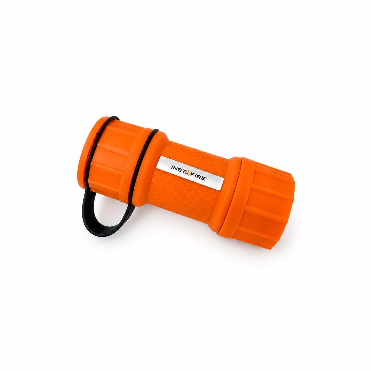 Closed orange InstaFire stormproof match case with screw-on caps and black tether on a padded white background.