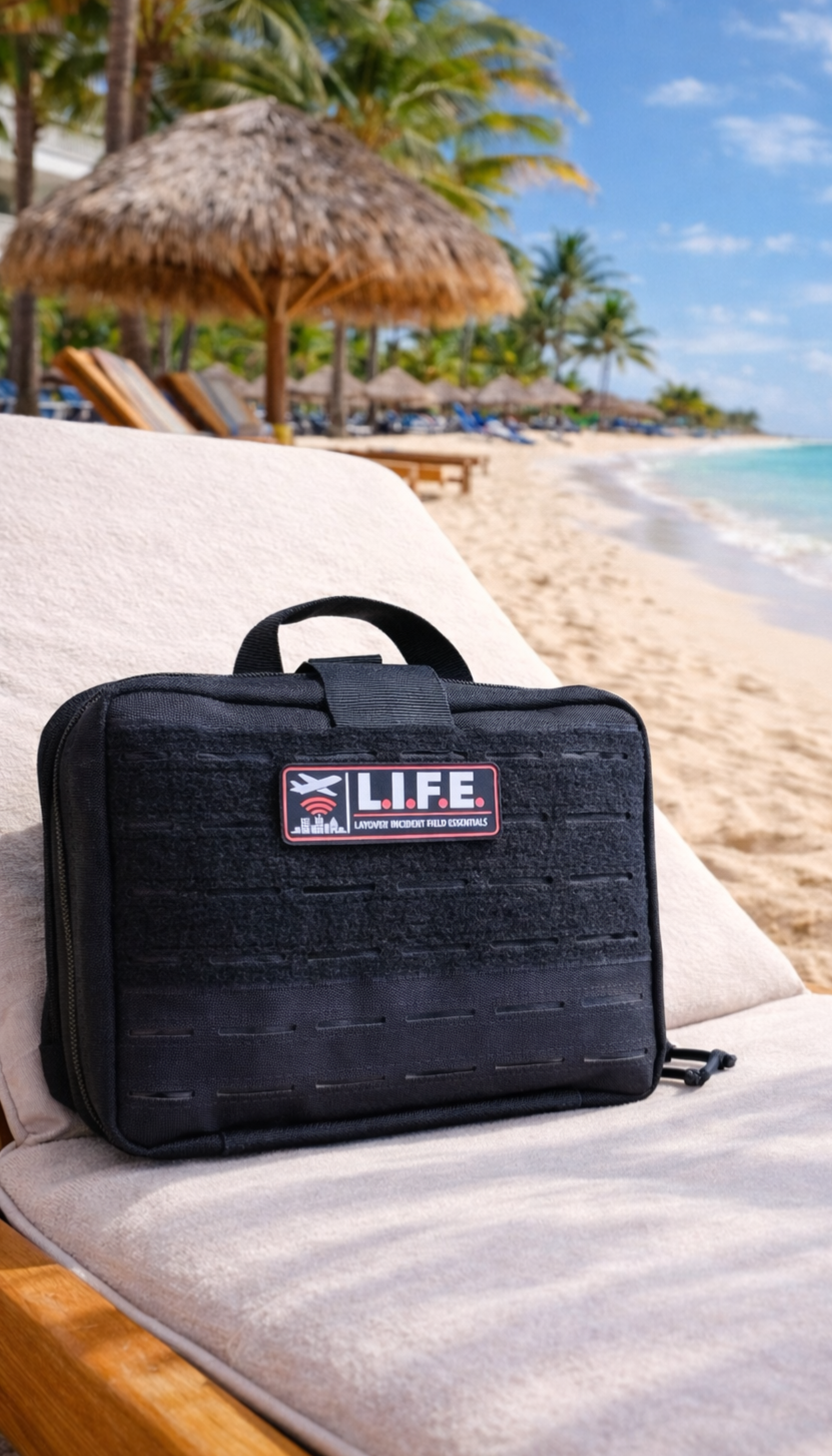 Black travel case labeled 'L.I.F.E' placed on a lounge chair at the beach, with sand, thatched umbrellas, palm trees, and the ocean in the background.