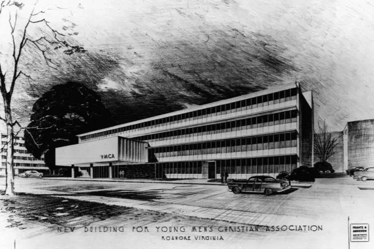 Architectural sketch of a new YMCA building in Roanoke, Virginia, designed for young men's Christian association with several cars parked outside.