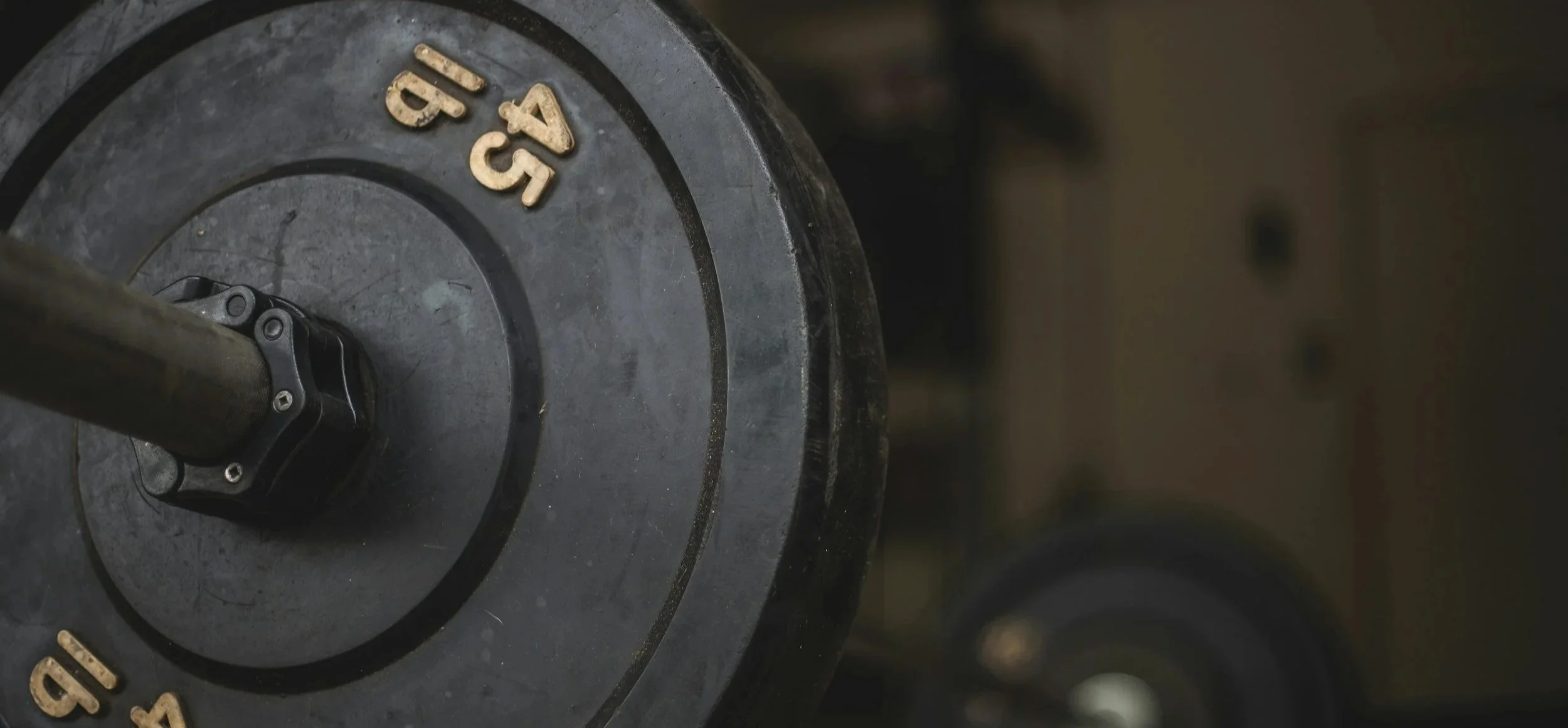 Close-up of a black dumbbell weight with '45' and '15' in gold lettering, showing the handle and part of the weight plate.