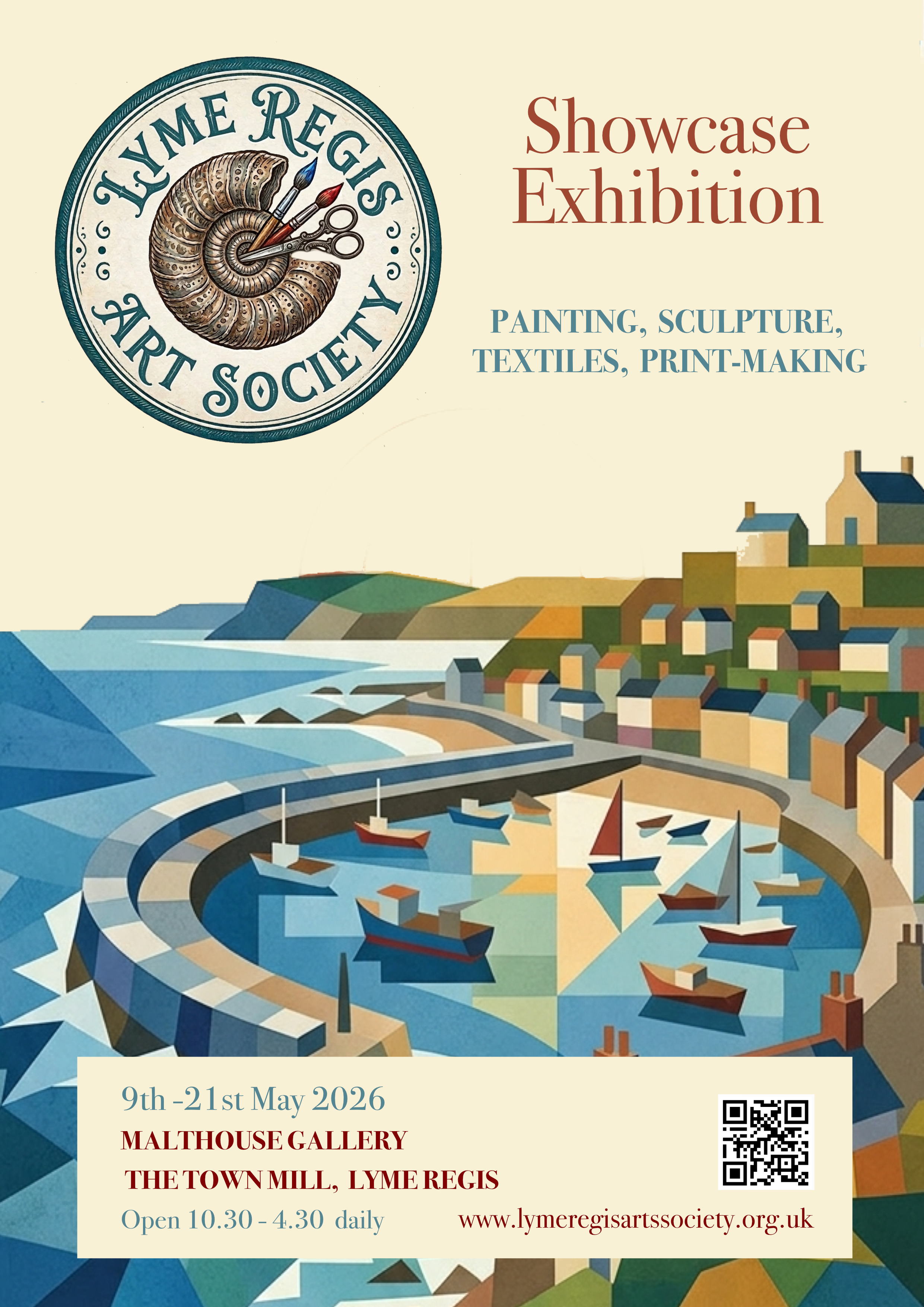 Stylized graphic poster for an art society exhibition featuring an illustration of a seaside town with boats in a harbor and colorful geometric buildings, with text about the event.