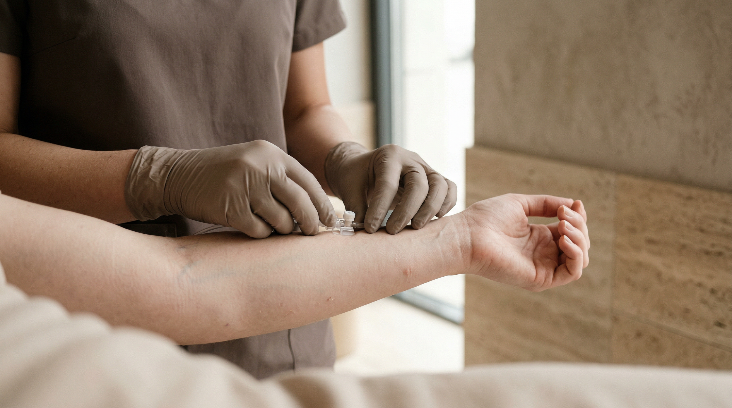 Un operatore sanitario con guanti indossa una siringa su un braccio di una paziente durante una vaccinazione.