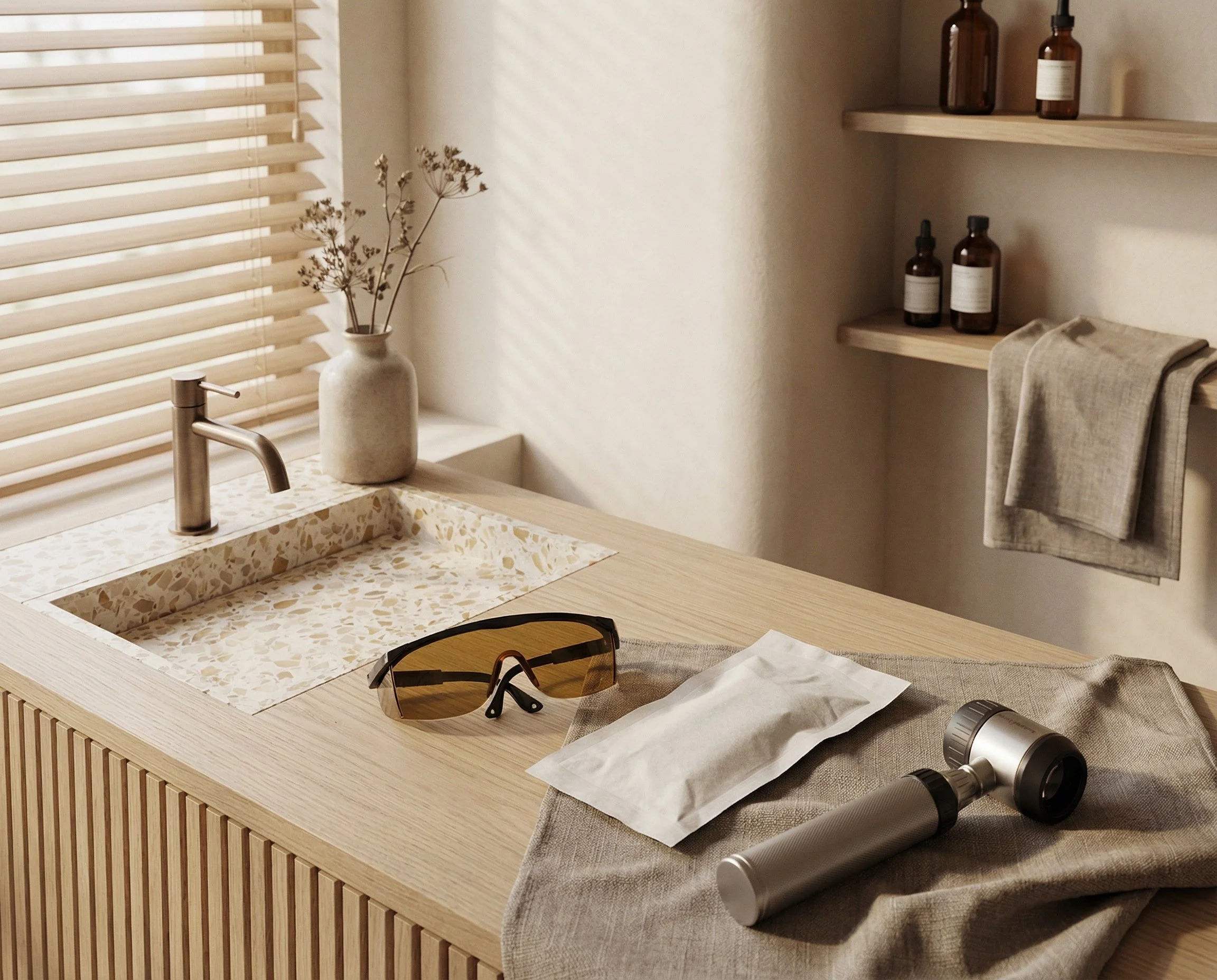 Interior di una clinica con finestra, lavabo, fiori secchi in un vaso, scaffali prodotti dermocosmetici, occhiali protettivi e un dermatoscopio sul tavolo.