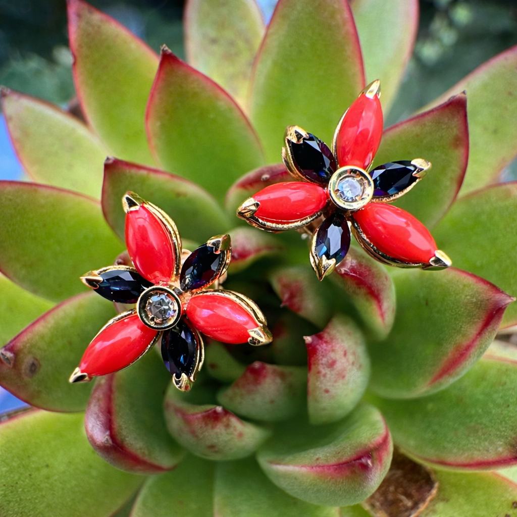 18K Gold Coral, Sapphire & Diamond Earrings