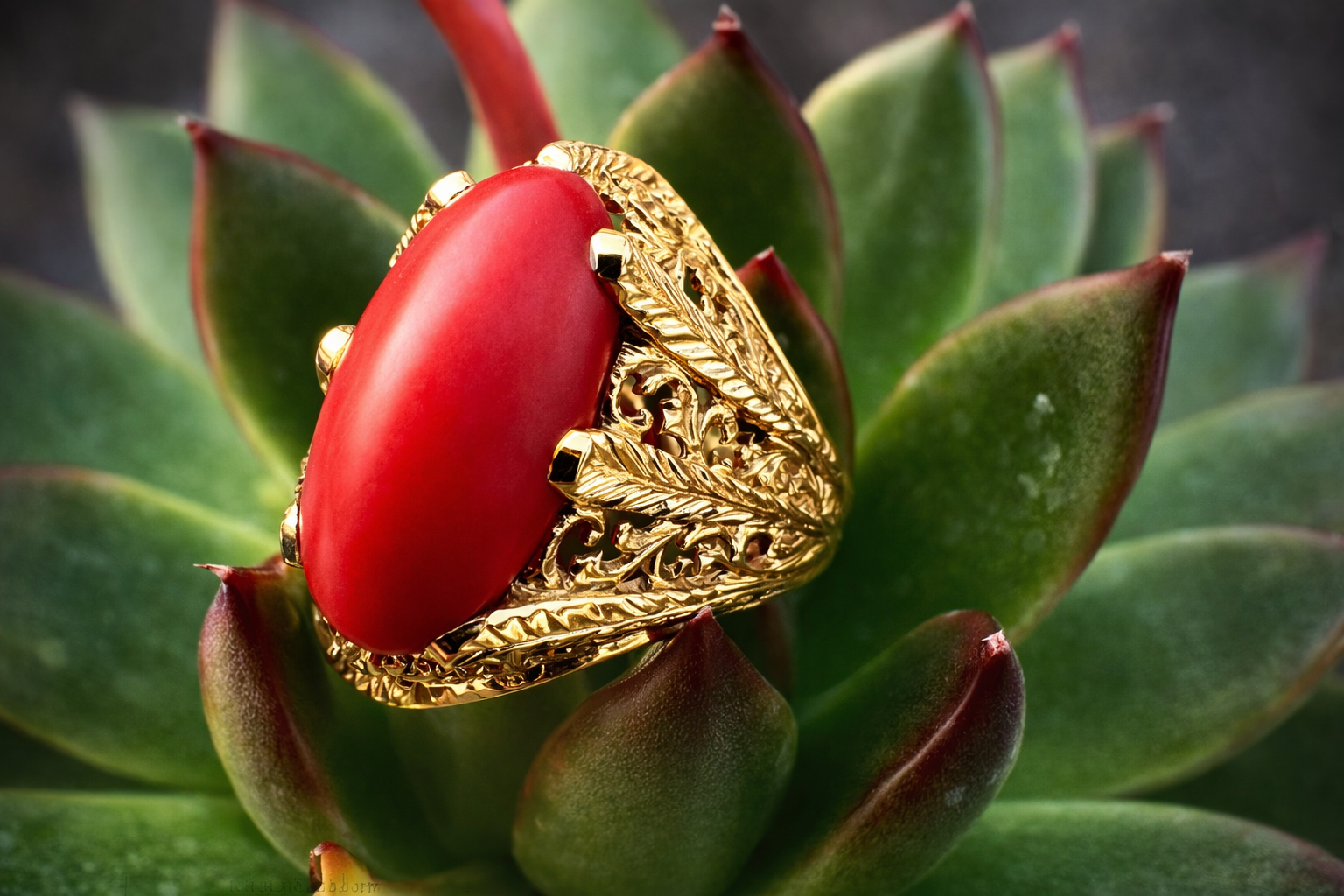 18K Gold Italian Red Coral Filigree Ring 