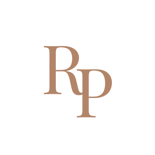 Logo with a white circle background and the letters 'Rp' in brown in the center.
