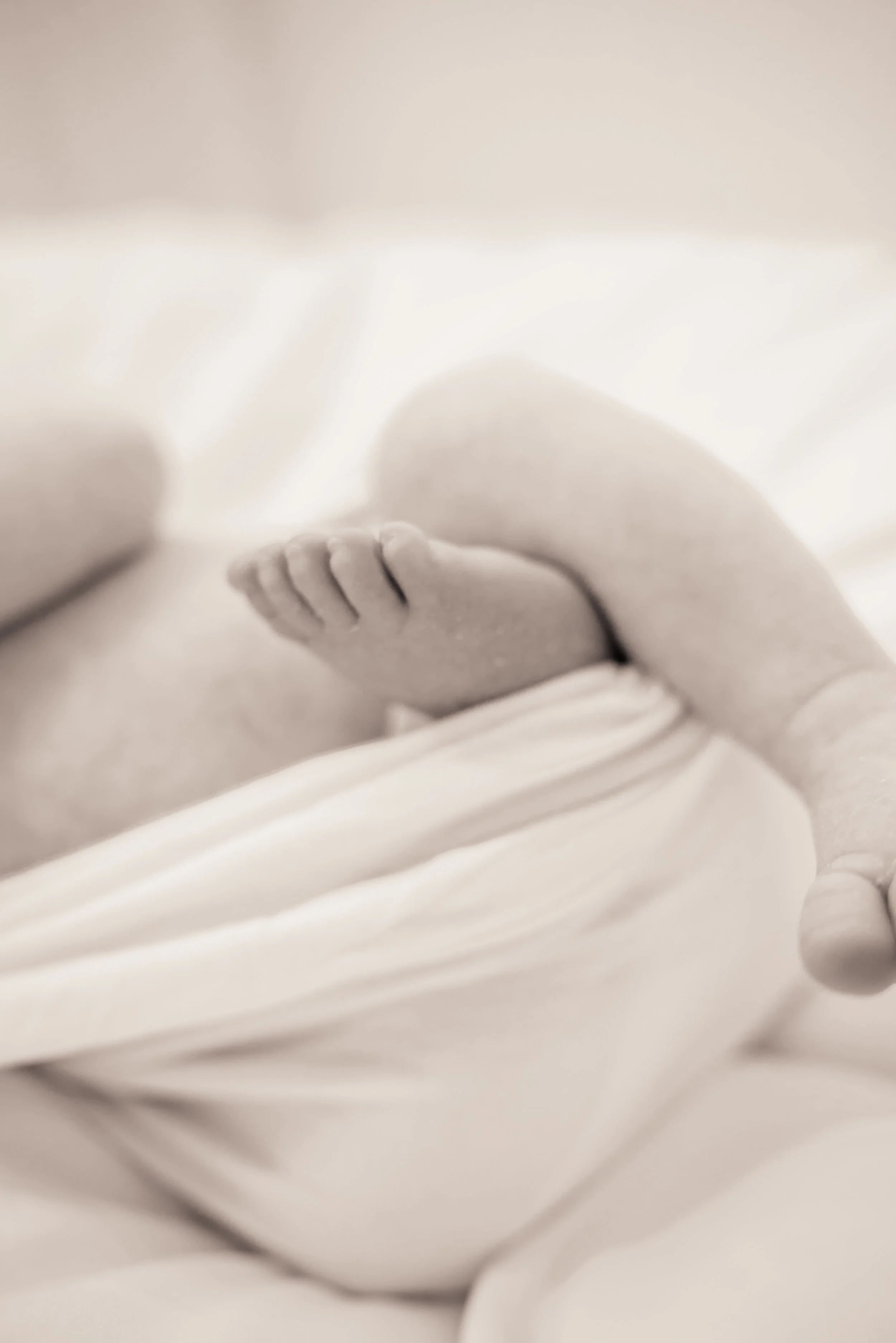 Close-up of a baby's tiny hand resting on a blanket, in sepia tone.