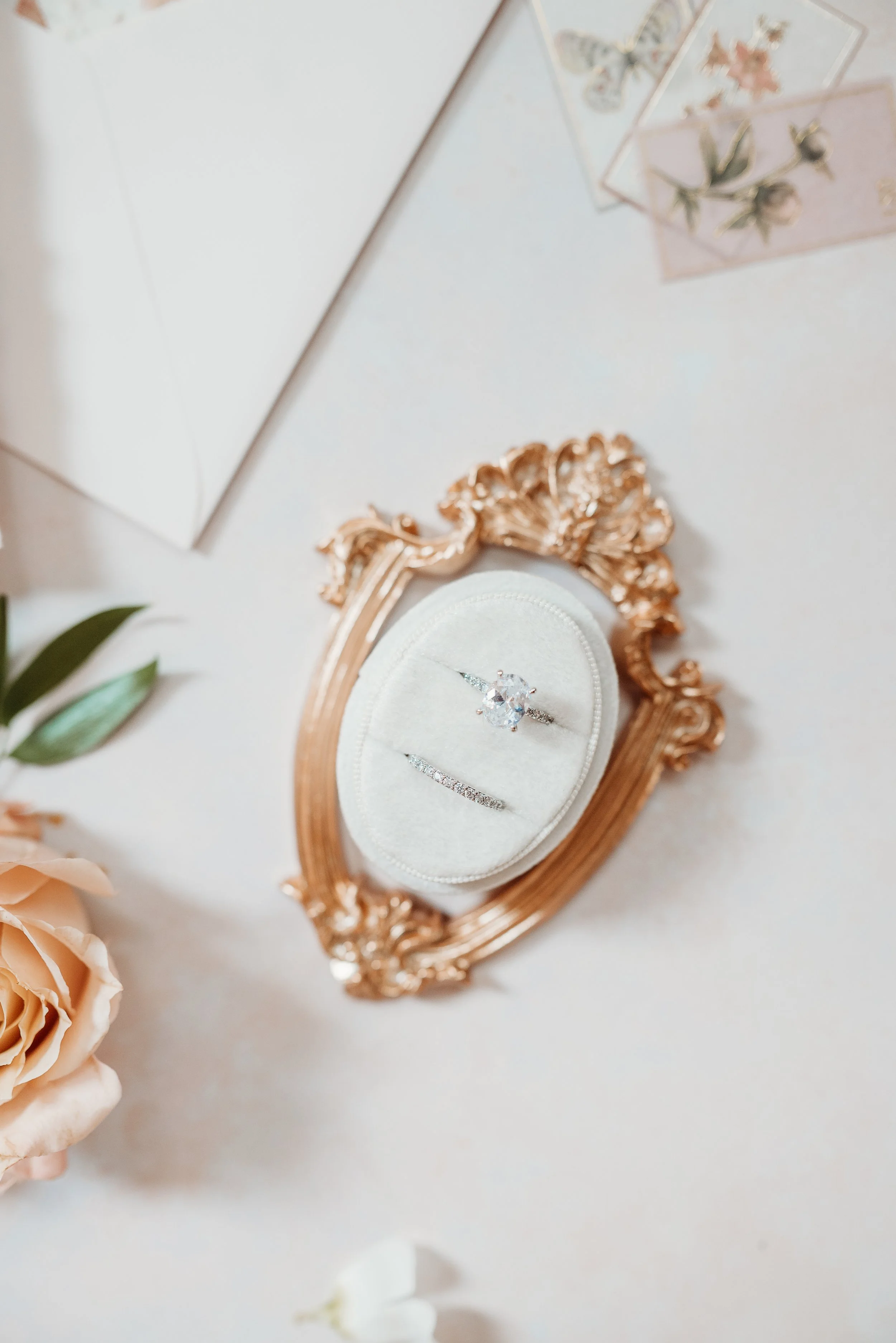A jewelry ring set, including an engagement ring with a large central diamond and a wedding band with smaller diamonds, displayed on a white cushioned surface inside a decorative gold frame, with flowers and butterfly illustrations in the background.