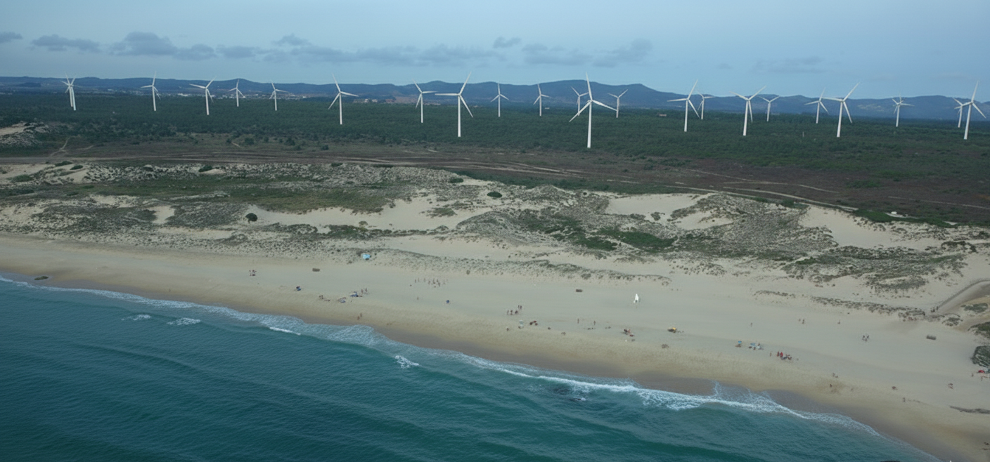 Praia com areia clara, mar azul, colina com ventoinhas de energia e céu nublado.