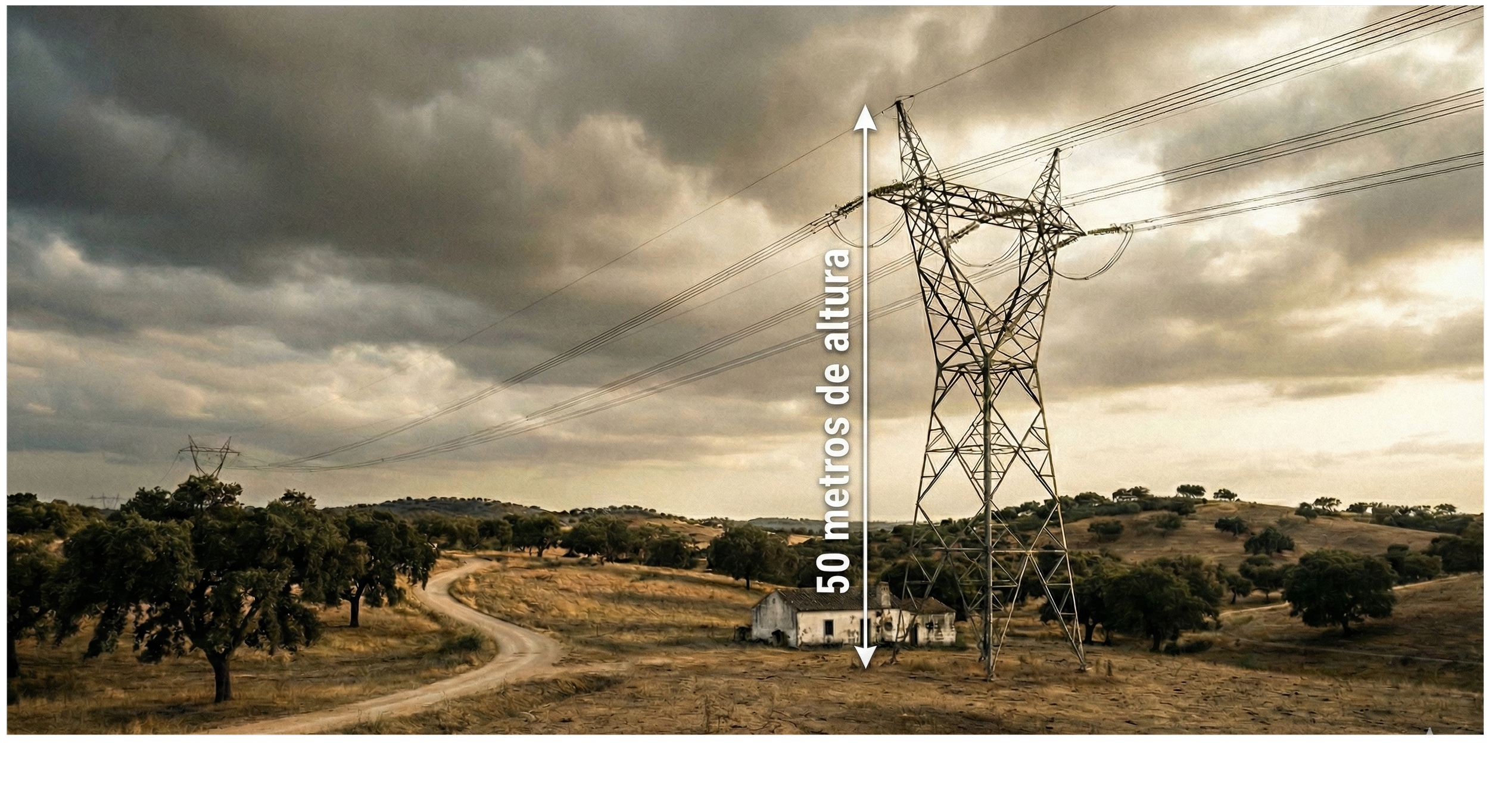 Paisagem com árvores, estrada de terra e uma torre de transmissão de energia elétrica a aproximadamente 50 metros de altura sob céu nublado.