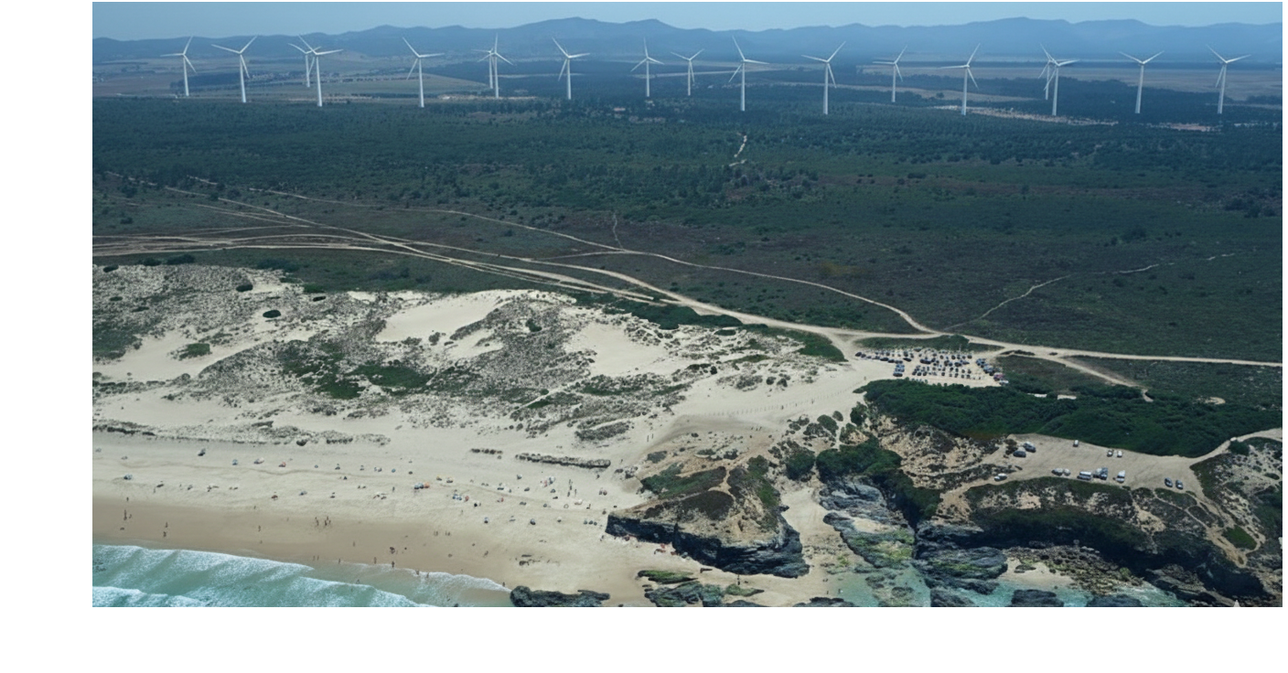 Praia com areia e vagas de estacionamento, no fundo, um campo com torres de energia eólica, e uma área de vegetação verde.