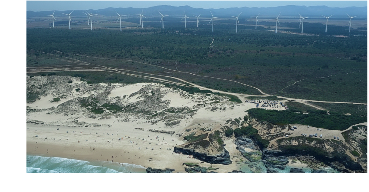 Praia com areia e vagas de estacionamento, no fundo, um campo com torres de energia eólica, e uma área de vegetação verde.