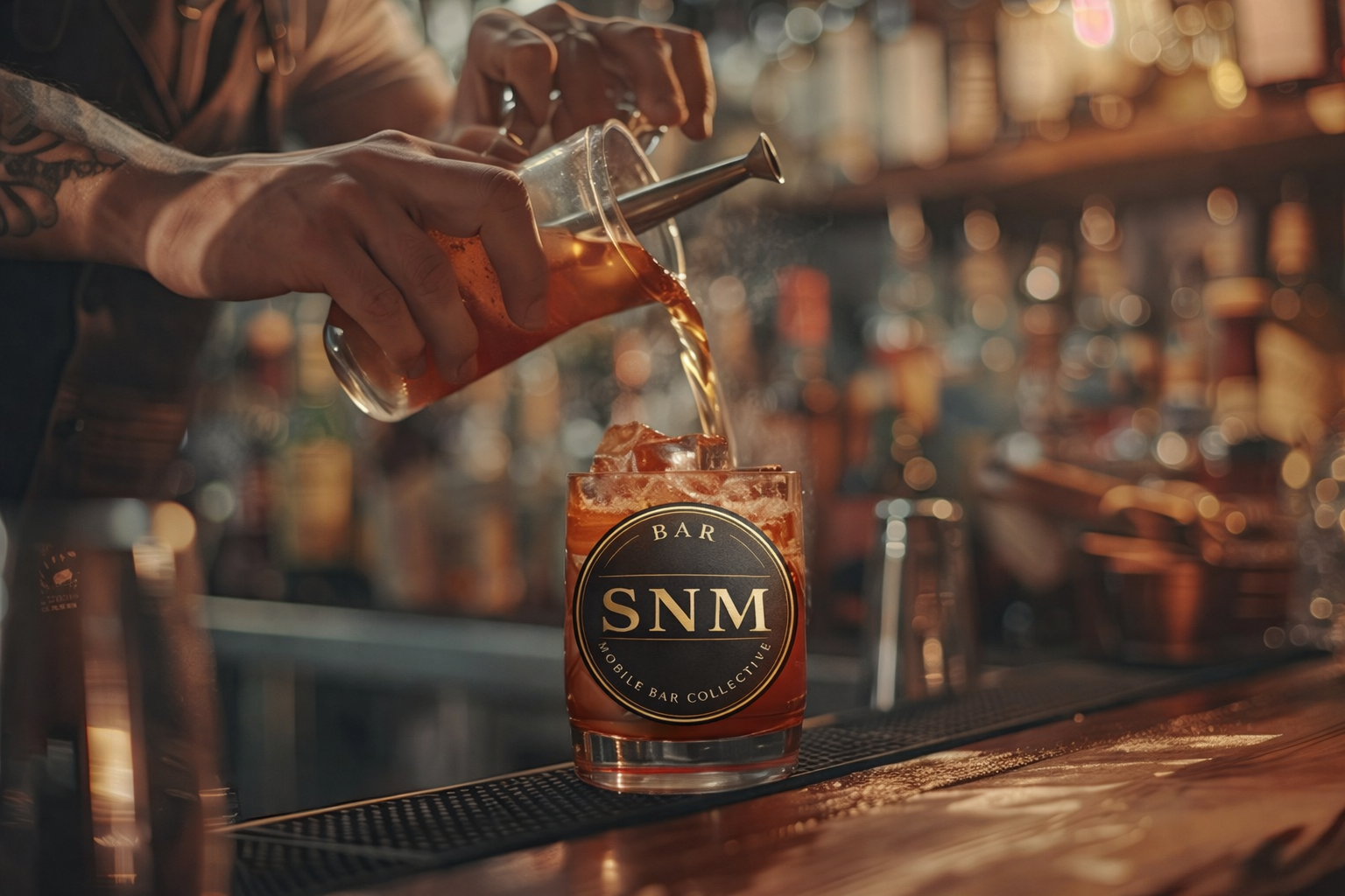 A bartender pours a drink into a glass with a logo that reads 'SNM BAR Mobile Bar Collective' at a dimly lit bar.