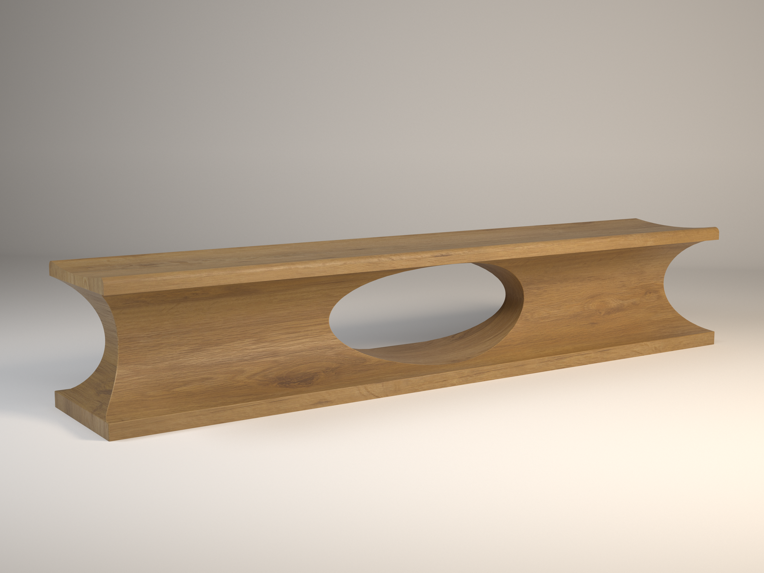 una panca di legno dalle forme organiche su sfondo bianco. La panca è ottenuta scavando un singolo tronco di cedro