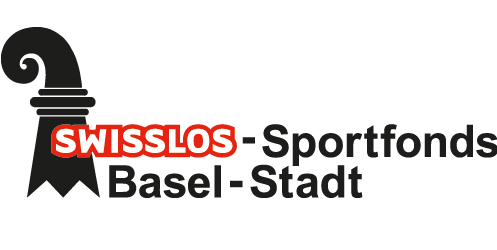 Logo des Swisslos Sportfonds Basel-Stadt mit einem stilisierten Löwenkopf und rotem Schriftzug 'SWISSLOS'