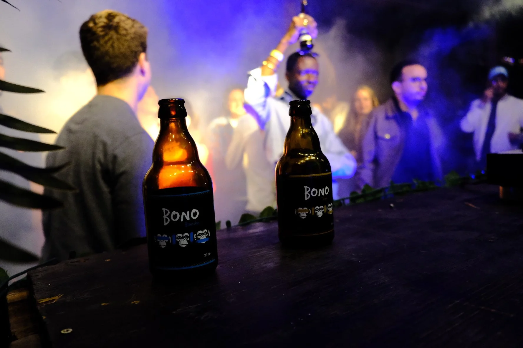 tewo beer bottles on a bar at a party