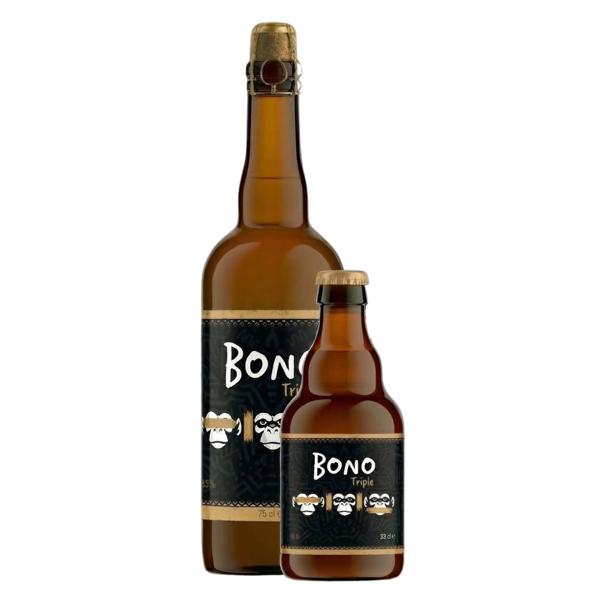 Two Bono Triple beer bottles with gold labels, one is large with a cork and one is small with an gold cap