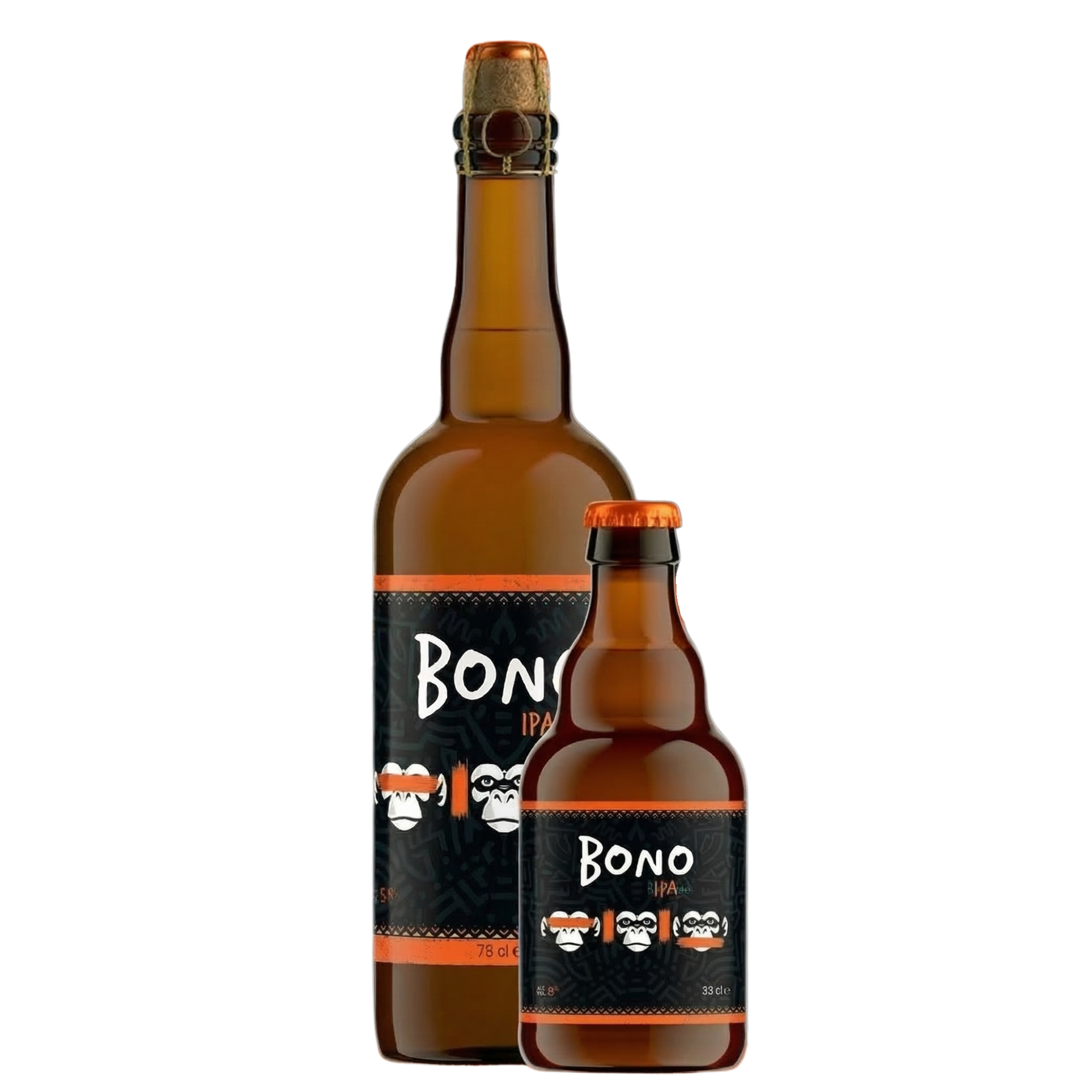 Two Bono IPA beer bottles with orange labels, one is large with a cork and one is small with an orange cap