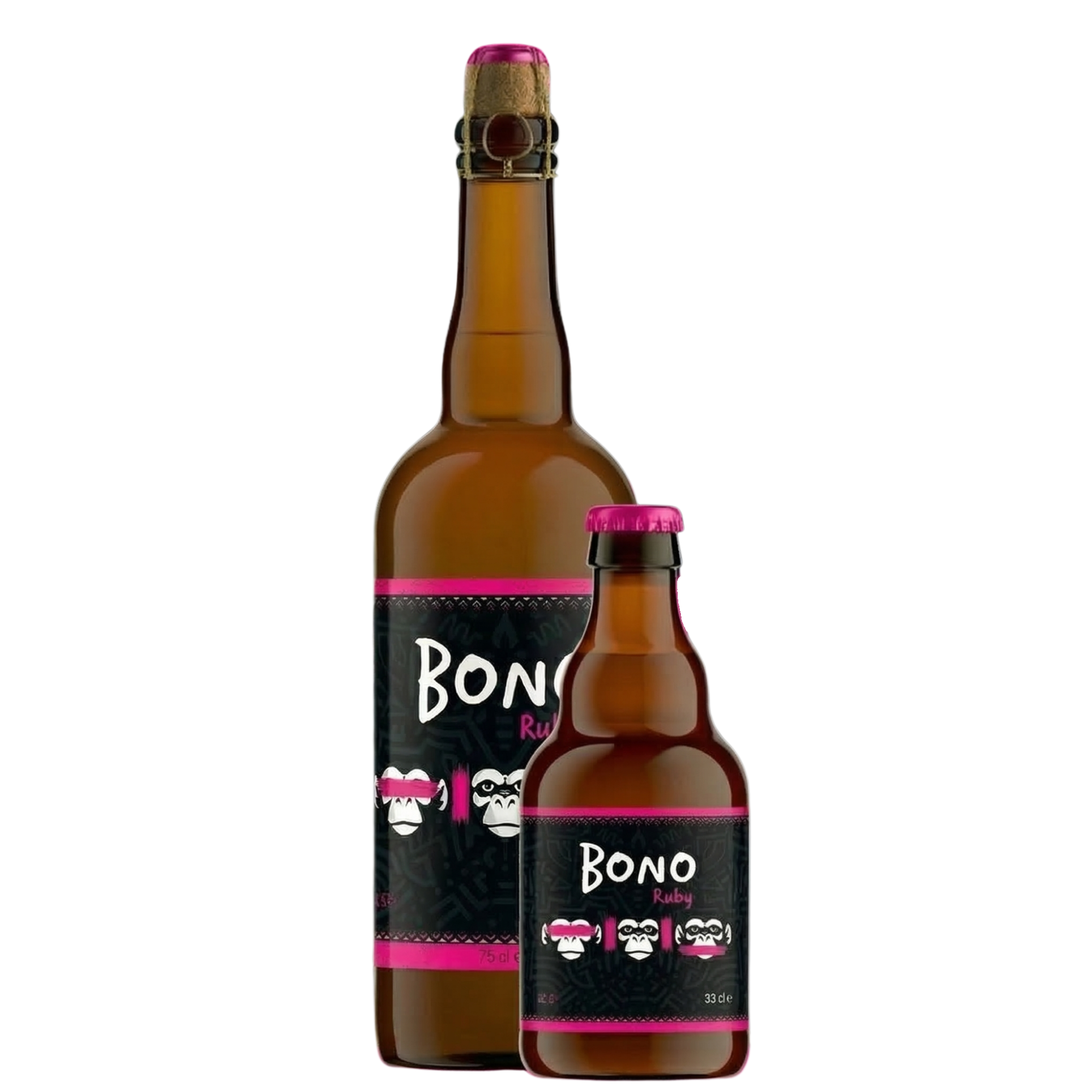 Two Bono Ruby beer bottles with pink labels, one is large with a cork and one is small with an pink cap