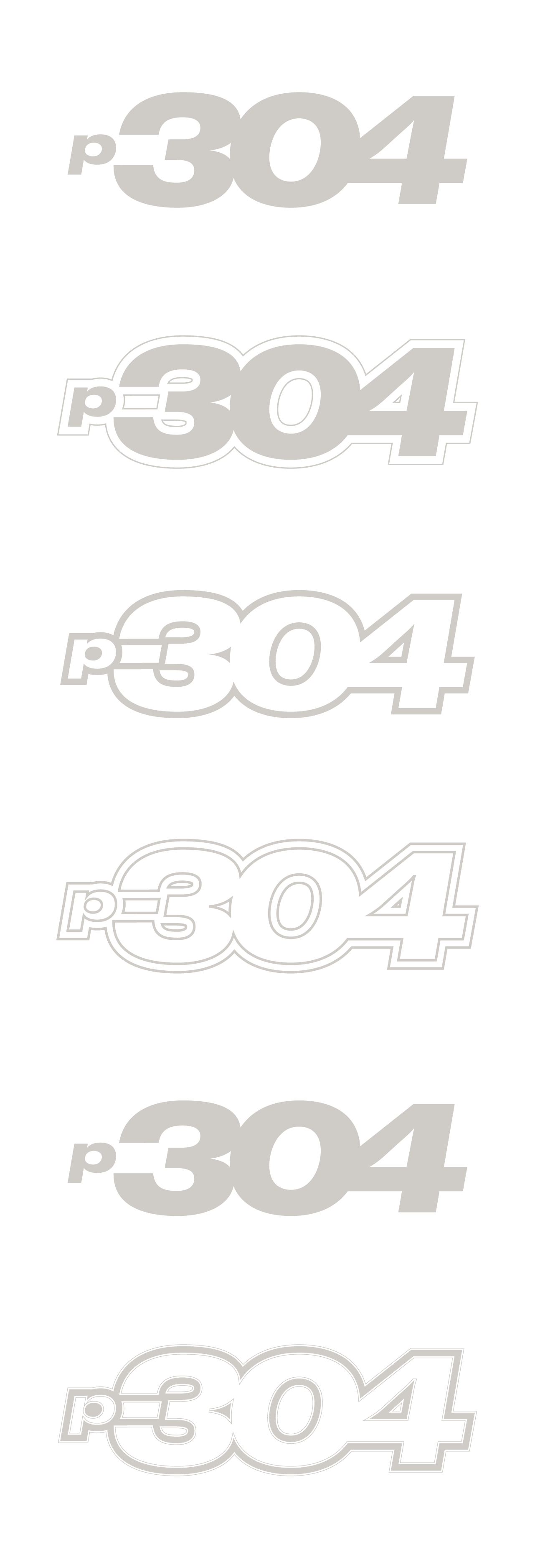 Fünf differierende Versionen des Logos mit der Zahl '304' und Präfix 'p-' in Schwarz, Weiß, Graustufen und mit unterschiedlicher Dicke und Outline. Hintergrund schwarz.