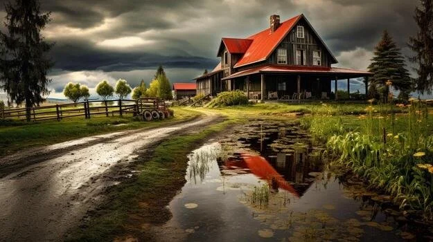 A rural farmhouse with a red roof and wraparound porch, surrounded by fields and trees, under dark stormy clouds, with a muddy dirt road leading to the house and a pond reflecting the house and sky.
