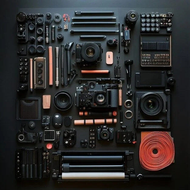 Arrangement of various camera equipment and accessories on a black surface, including camera bodies, lenses, flash units, filters, tripods, and other photography gear.