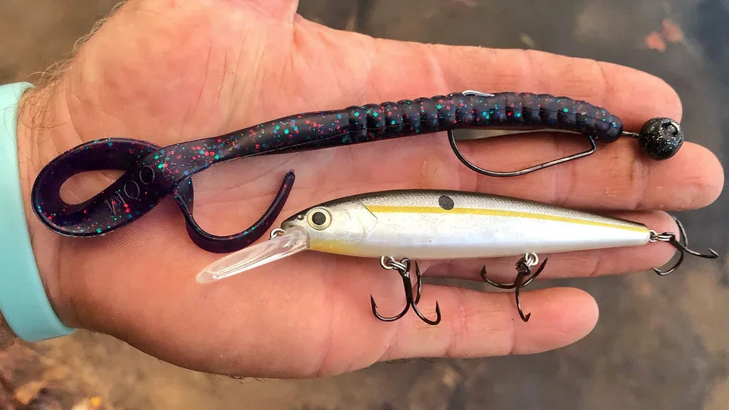 A person's hand holding a soft plastic fishing lure with a black and red color pattern and a white and yellow fishing lure with treble hooks.