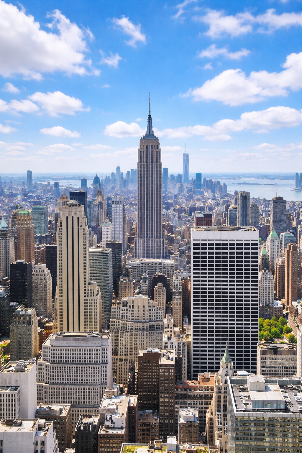 Aerial view of New York City skyline featuring the Empire State Building with other tall skyscrapers and a blue sky with scattered clouds.
