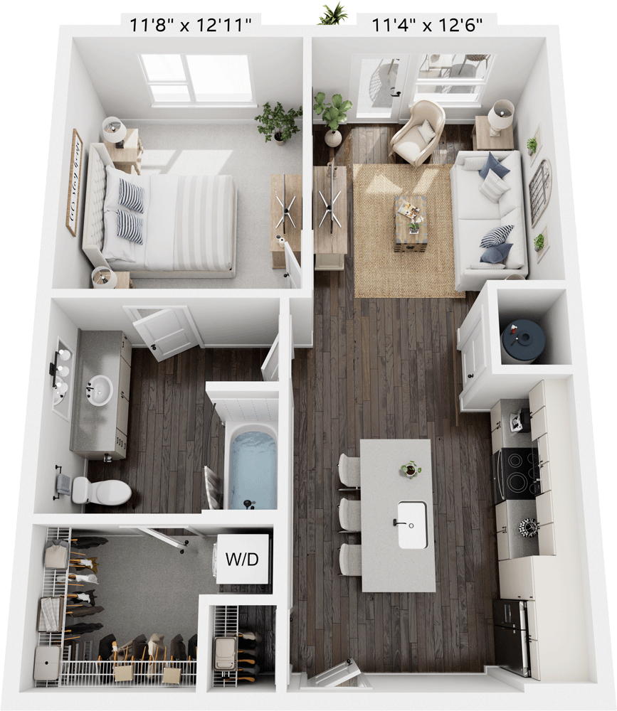 A one-bedroom apartment with an open kitchen and living room, a bathroom, a bedroom, and a walk-in closet. The living area has a sofa, chair, coffee table, and a balcony with patio furniture. The kitchen has a large island with stools, a stove, and refrigerator. The bedroom has a bed with pillows, two nightstands, and a window. The bathroom has a sink, toilet, and bathtub. The closet contains hanging clothes and shoes. There is a washer and dryer in a small utility space.