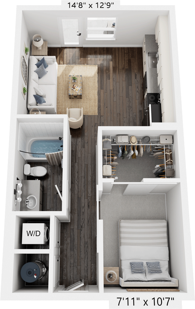 A compact studio apartment layout featuring a combined living room and kitchen area, a separate bedroom, a bathroom with a bathtub, and a closet with a washer and dryer. The space is decorated with modern furniture, hardwood flooring in the main area, and a carpet in the bedroom.