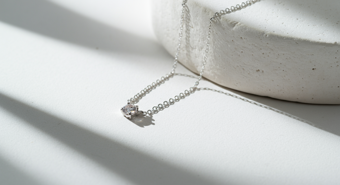 Silver necklace with a small, heart-shaped pendant resting on a white surface next to a round, textured stone or ceramic object. Shadows cast across the surface.
