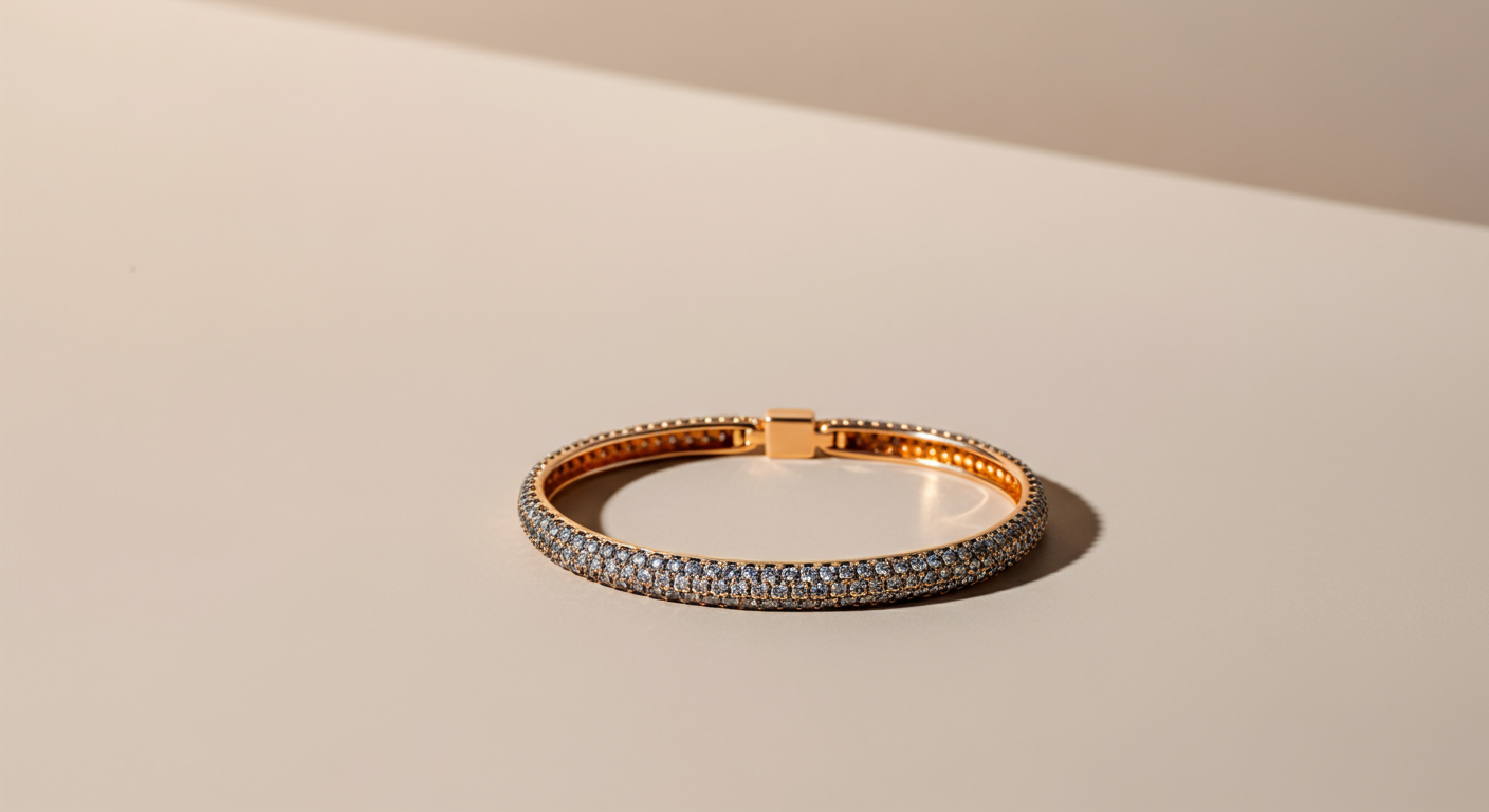 Gold bracelet encrusted with small diamonds lying on a beige surface.