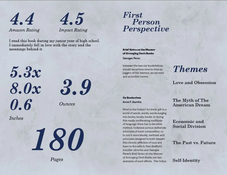 The second piece of the layout includes the themes and numerical data of each book.