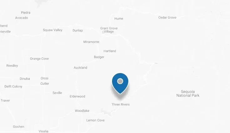 Map showing the location marker for Three Rivers, with surrounding neighborhoods and parks in California.