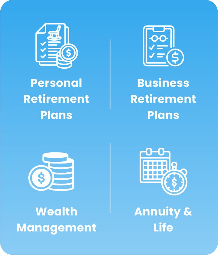 Icons representing financial and retirement planning options, including personal and business retirement plans, wealth management, and annuity and life insurance, arranged in a grid on a blue background.
