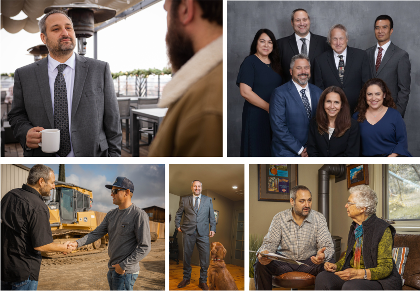 Collage of five images: a man in a suit holding a coffee mug, a professional group photo of seven people in business attire, two men shaking hands at a construction site, a man in a suit with a dog in a home, and an elderly woman talking with a man in a casual shirt.