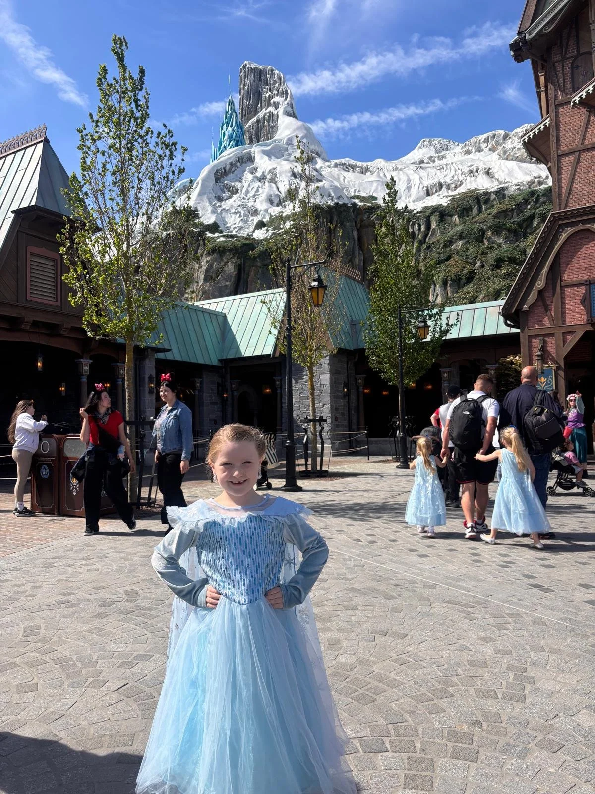 A young girl in a light blue princess dress smiling at the camera in a theme park with a snowy mountain mountain in the background. Other visitors, some in princess costumes and some taking photos, are seen in the background. The scene is sunny with 