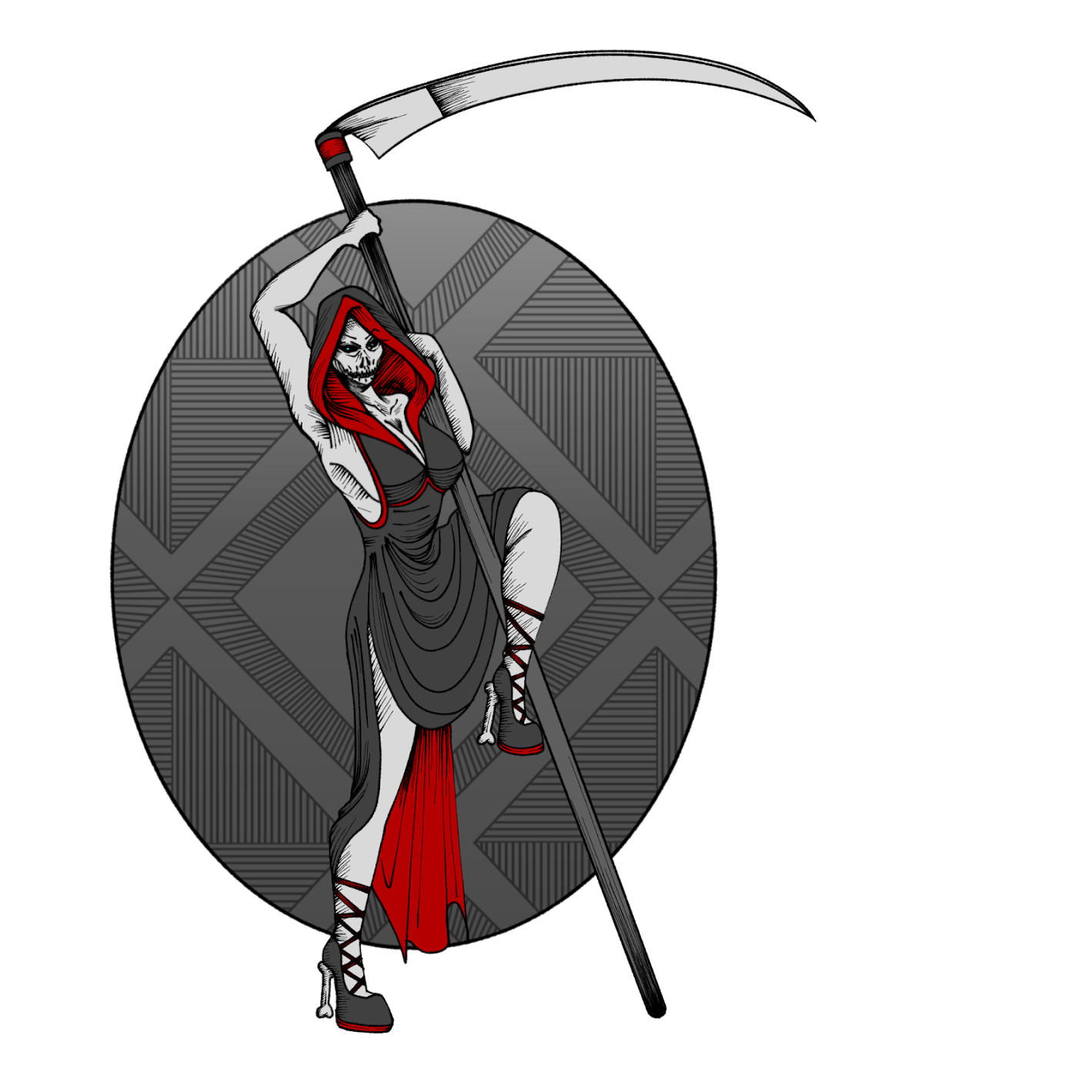 A digitally drawn sticker of a grim reaper woman holding a scythe.