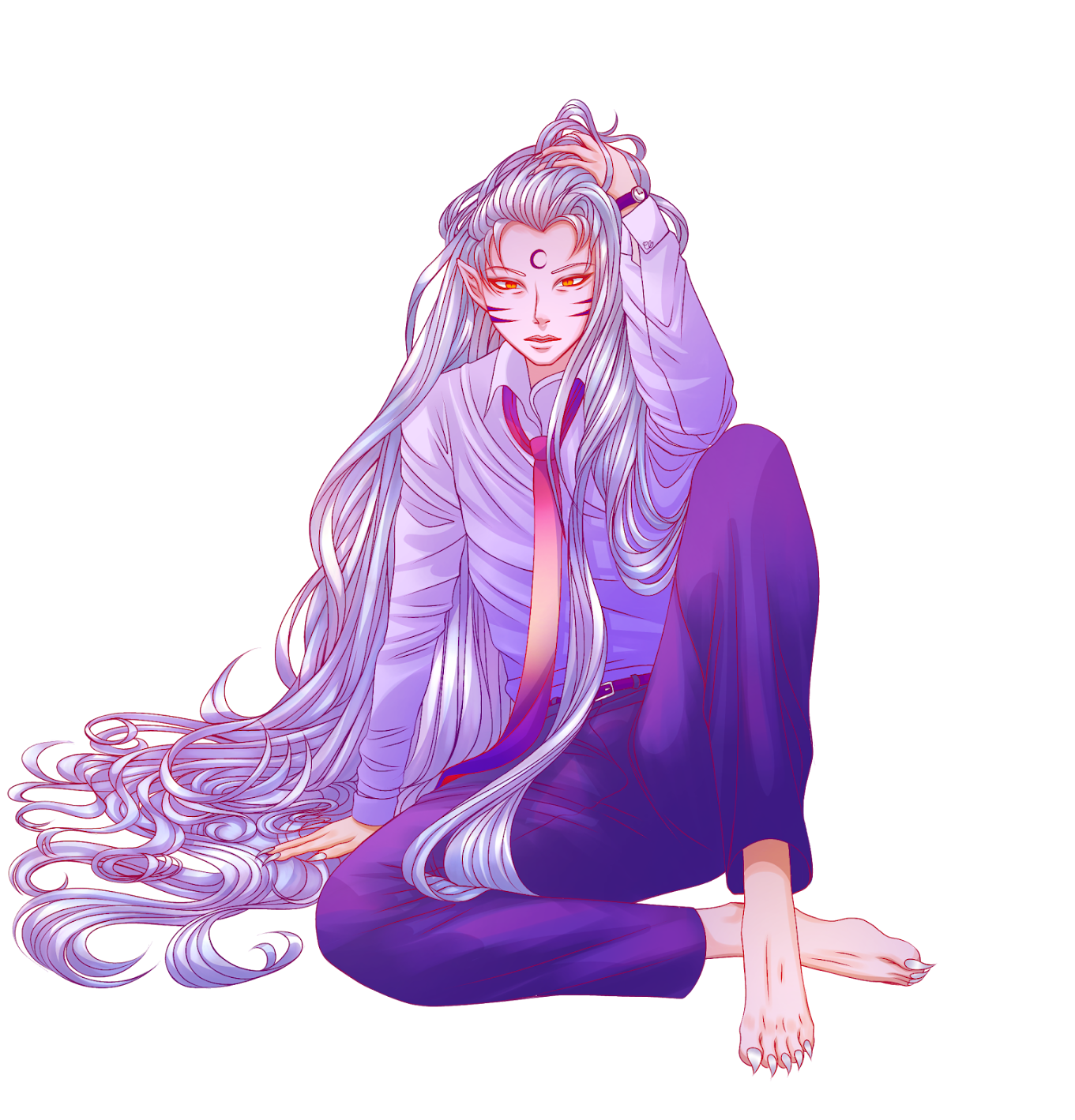 A digital drawing of Sesshomaru from Inuyasha in modern clothing.