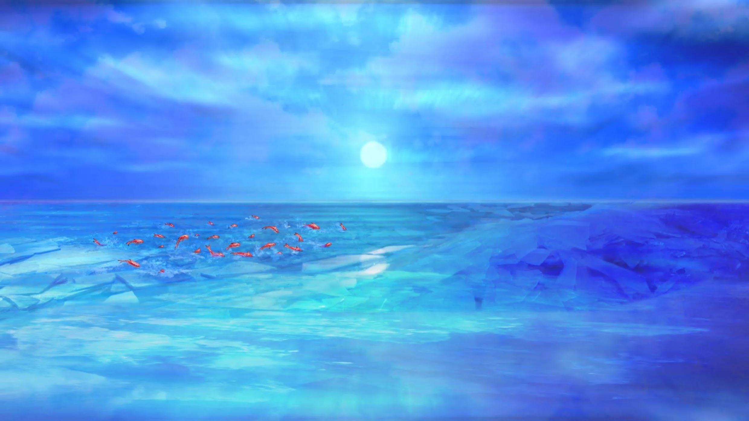 A digitally painted landscape depicting a half frozen ocean and a school of flying fish.
