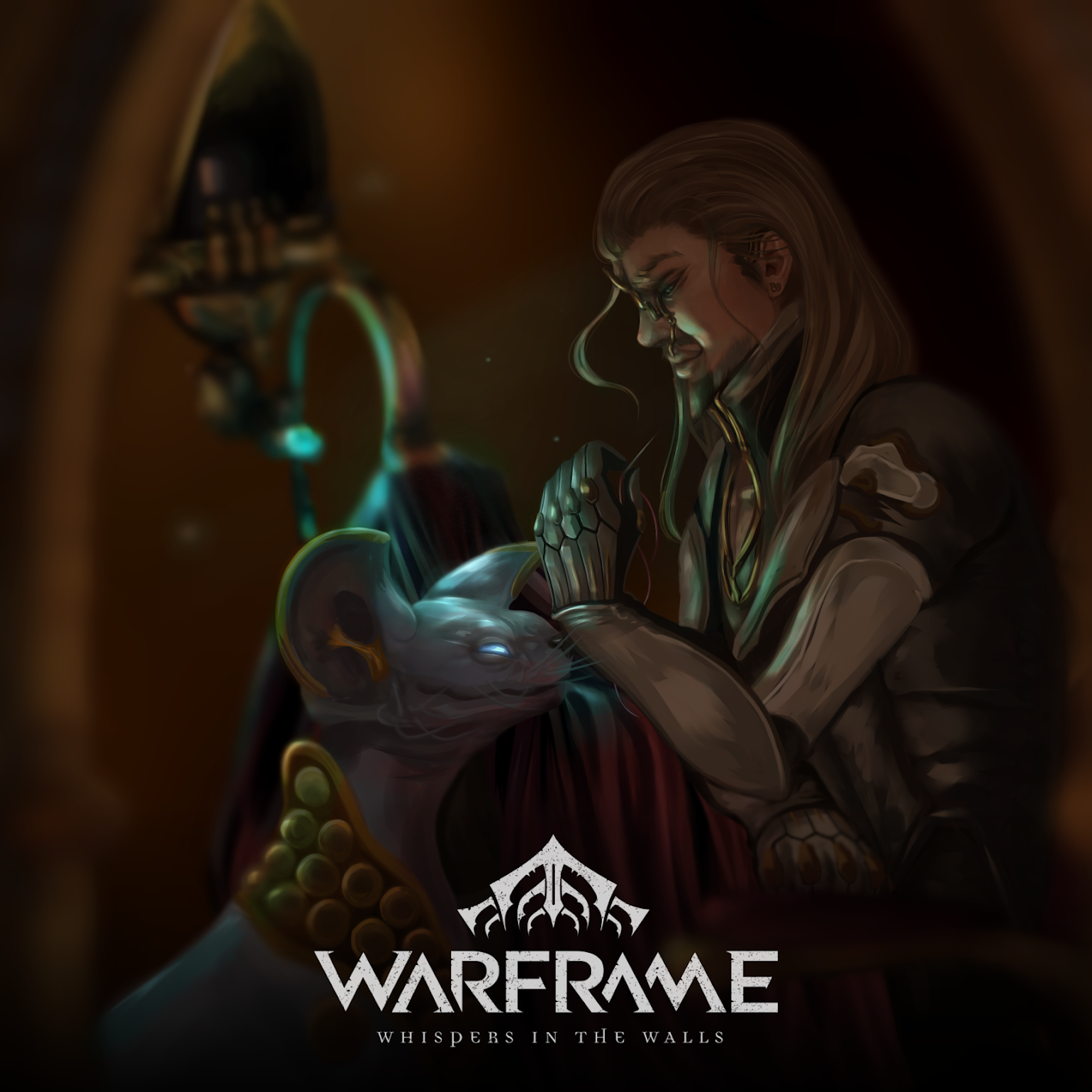A digital painting of Loid and Kalymos from Warframe. Loid is sewing a piece of fabric held in a necramite's claw.
