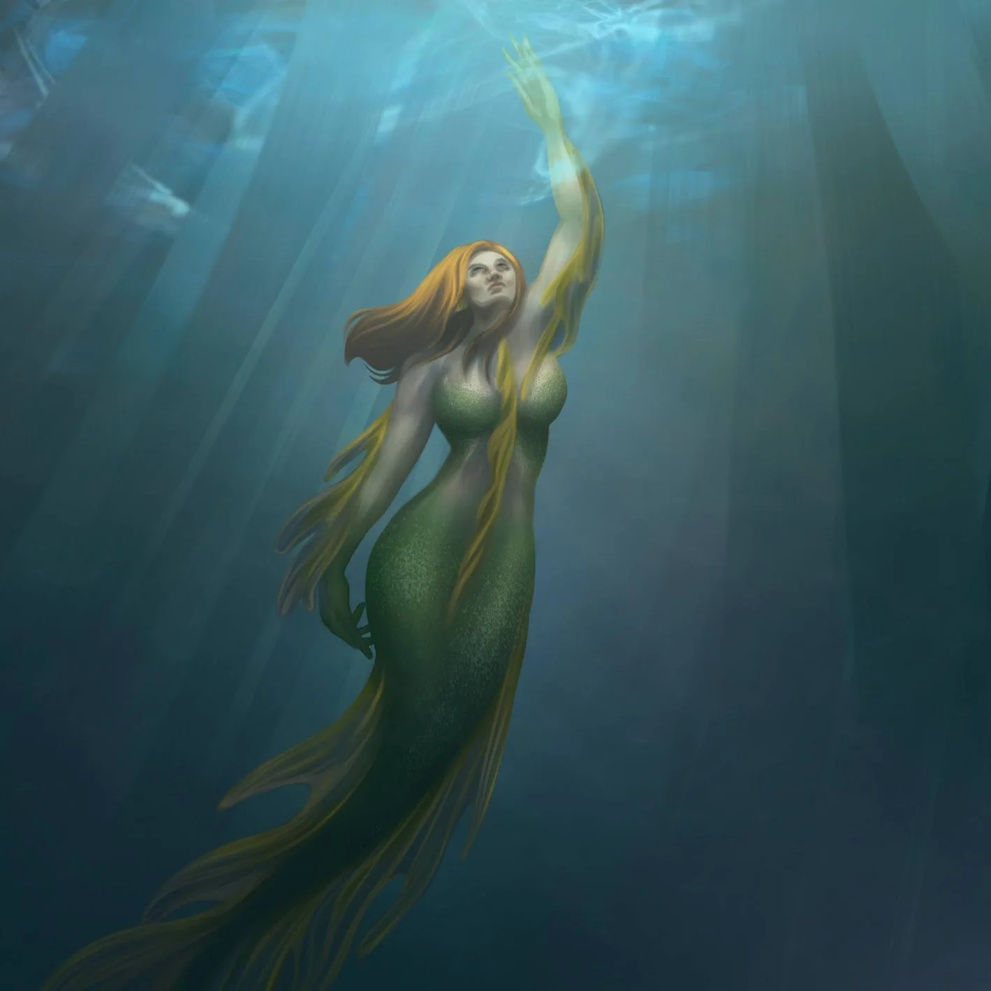 A digital painting of a mermaid.