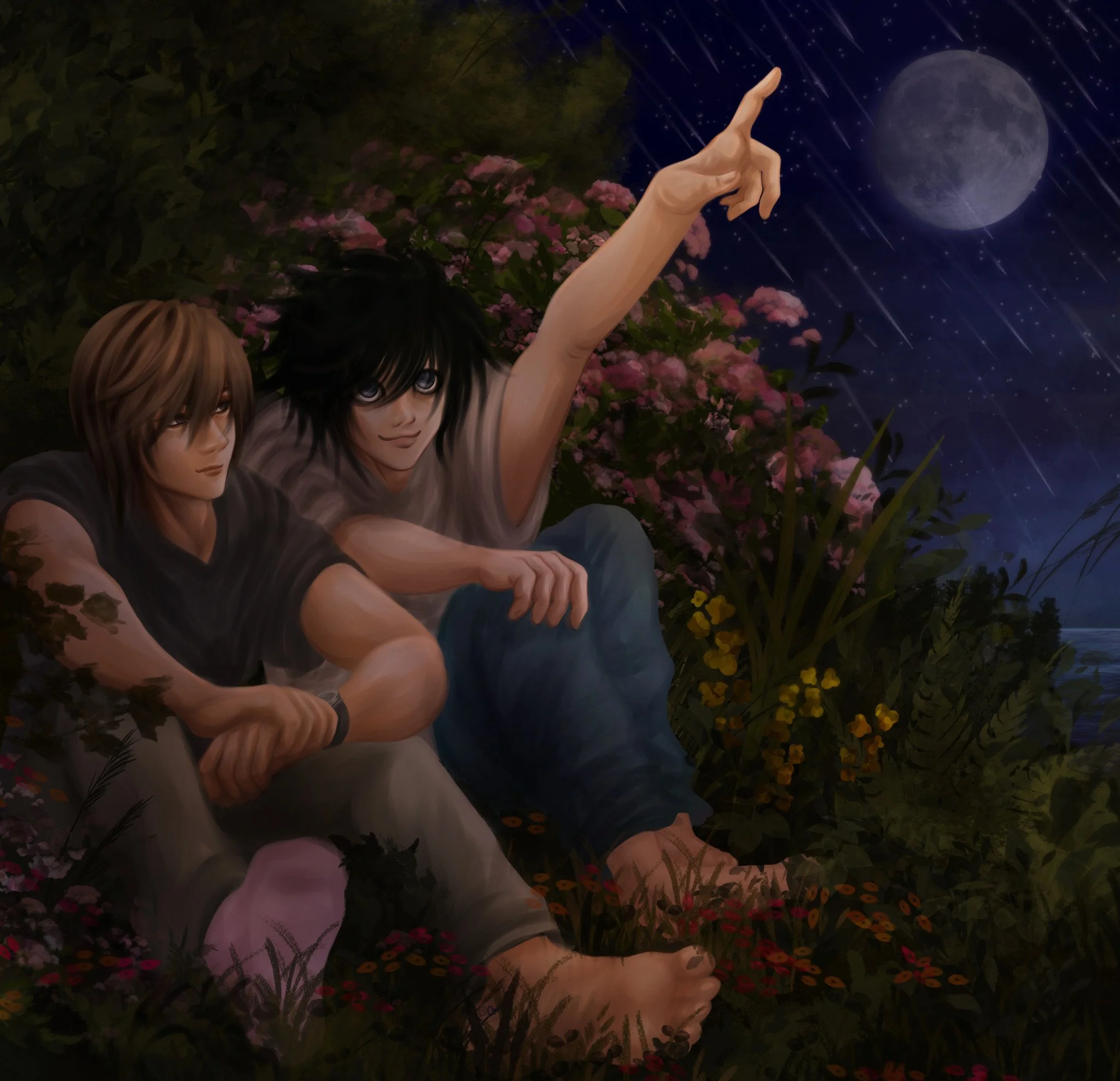 A digital illustration of Light Yagami and L from Death Note, painted for a fanfiction author.