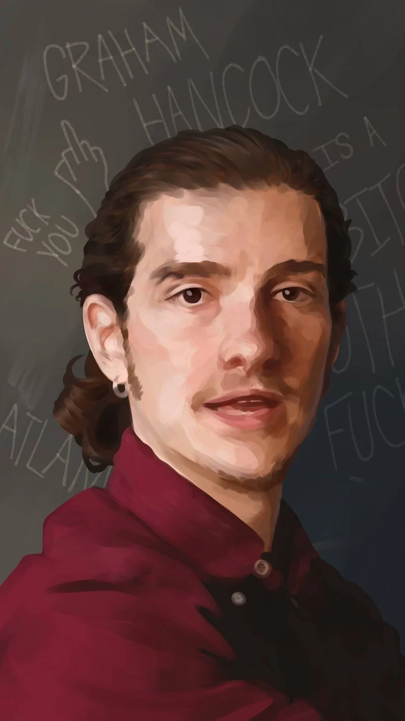 A digitally painted portrait of Milo Rossi, an archeologist who makes video essays on the dangers of pseudoscience.