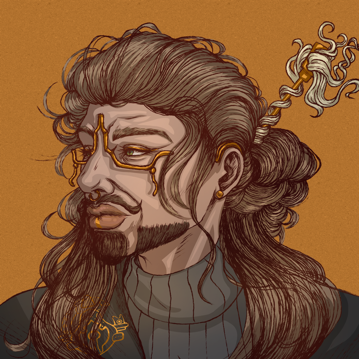 A digitally illustrated portrait of Loid from Warframe. He is in casual clothing emblazoned with the Entrati family crest.