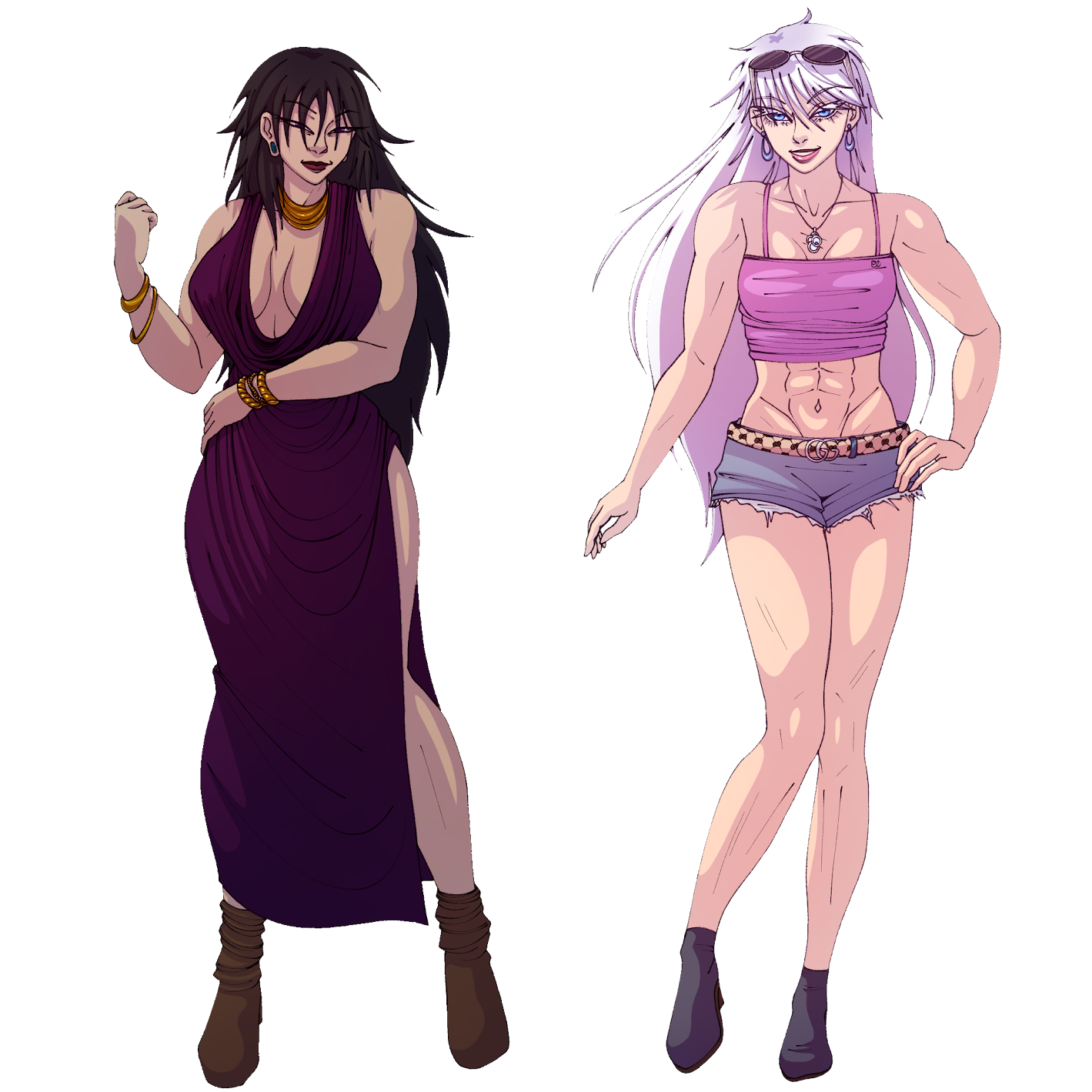 A digitally drawn genderbent design of Geto Suguru and Gojo Satoru from Jujutsu Kaisen.
